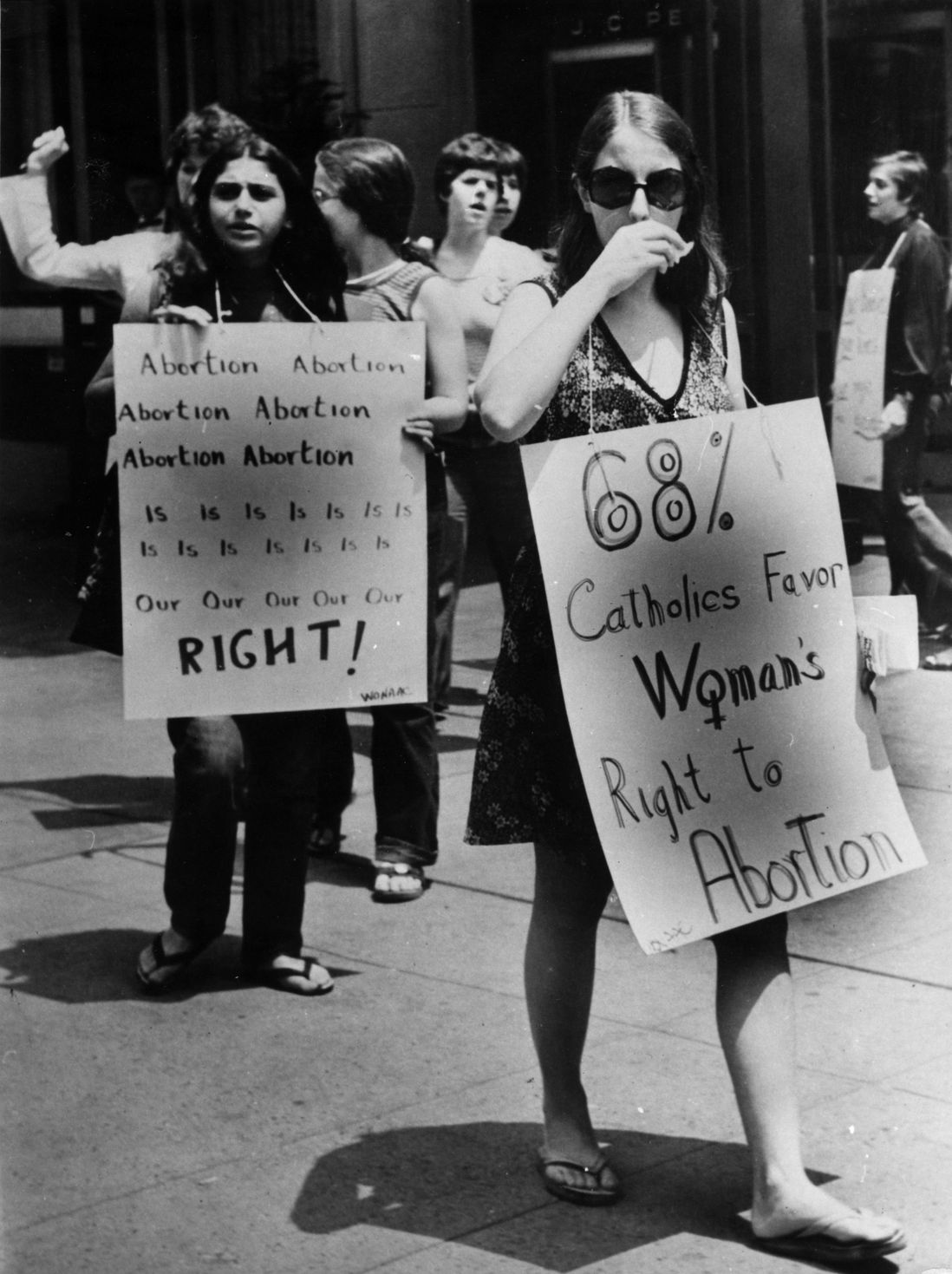 5th July 1973: Pro-choice campaigners at a demonstration in front of the American Hotel in Midtown, where the American Medical Association was holding its annual convention. The US Supreme Court had ruled that it is a woman's right to have an abortion if she wishes it. (Getty)